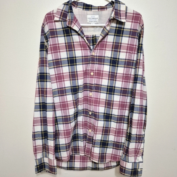 🍁Lucky Brand Men's Pink and Black Plaid Button-Down Shirt – Size L - Picture 2 of 5